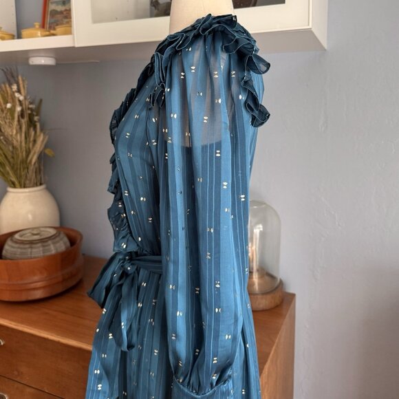 MISA Gabriella Asymmetric Striped Wrap Midi-Dress Chiffon Ruffles - Picture 8 of 12